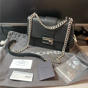 Prada Black Saffiano Leather Shoulder Bag with Silver Chain